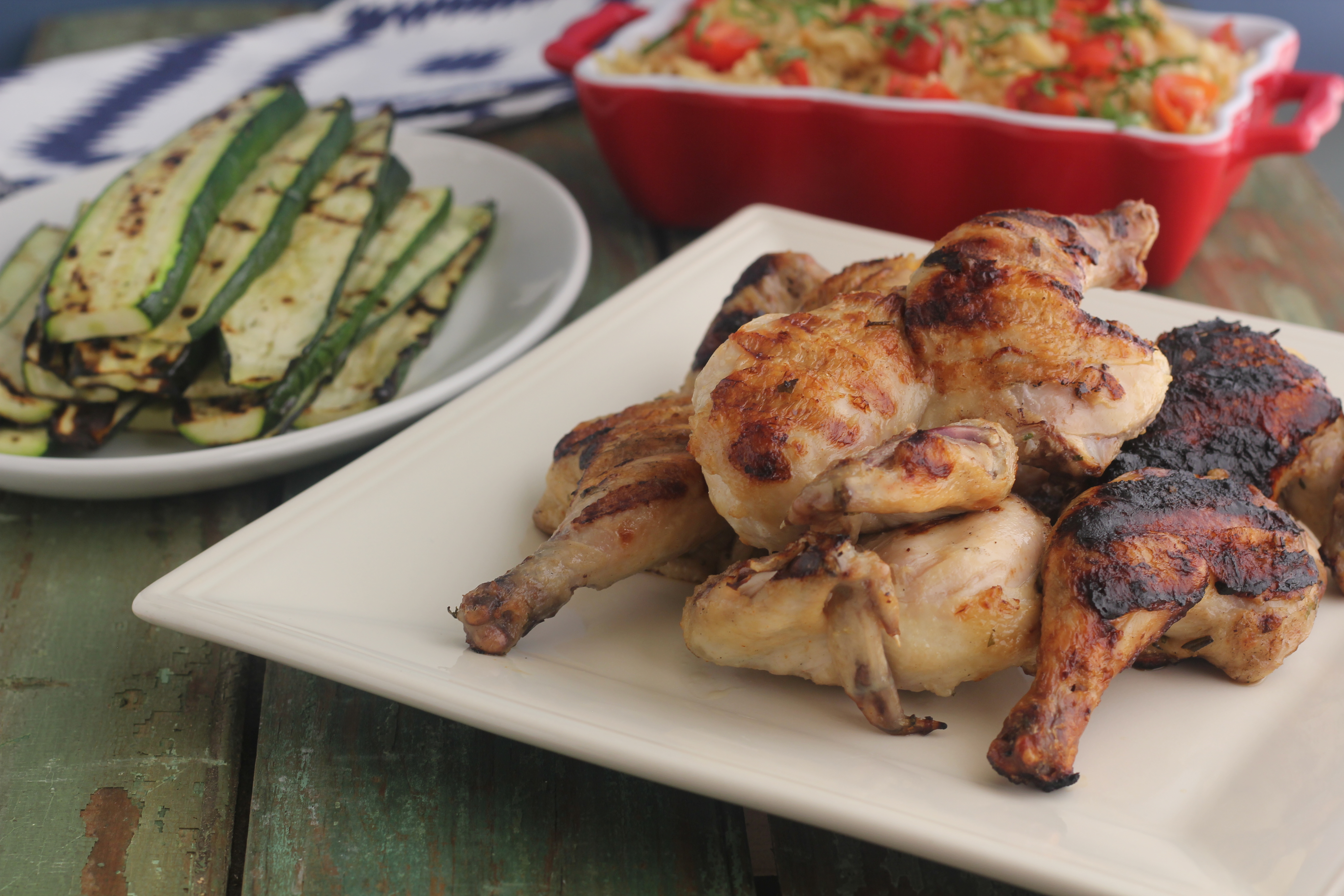 Cornish Game Hens, Cooked Under A Brick, With Orzo Risotto And Grilled